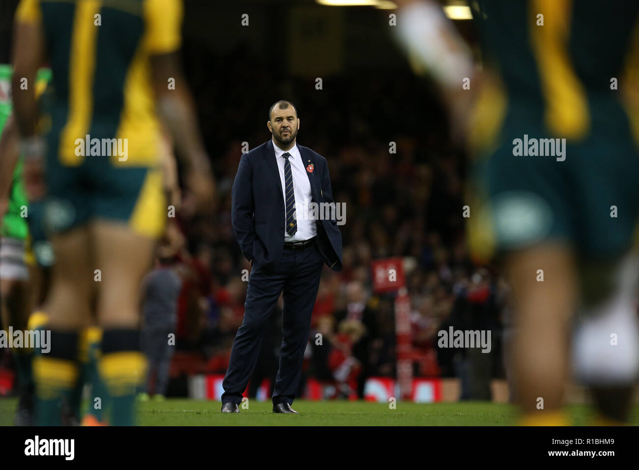 Cardiff, Großbritannien. 10 Nov, 2018. Michael Cheika, Cheftrainer der Australien Rugby Team blickt auf vor der Wales v Australien, unter Rüstung Serie Herbst internationale Rugby Spiel im Fürstentum Stadium in Cardiff, Wales, Großbritannien am Samstag, den 10. November 2018. pic von Andrew Obstgarten/Alamy Leben Nachrichten BITTE BEACHTEN SIE FÜR REDAKTIONELLE VERWENDEN SIE NUR BILD VERFÜGBAR. Stockfoto
