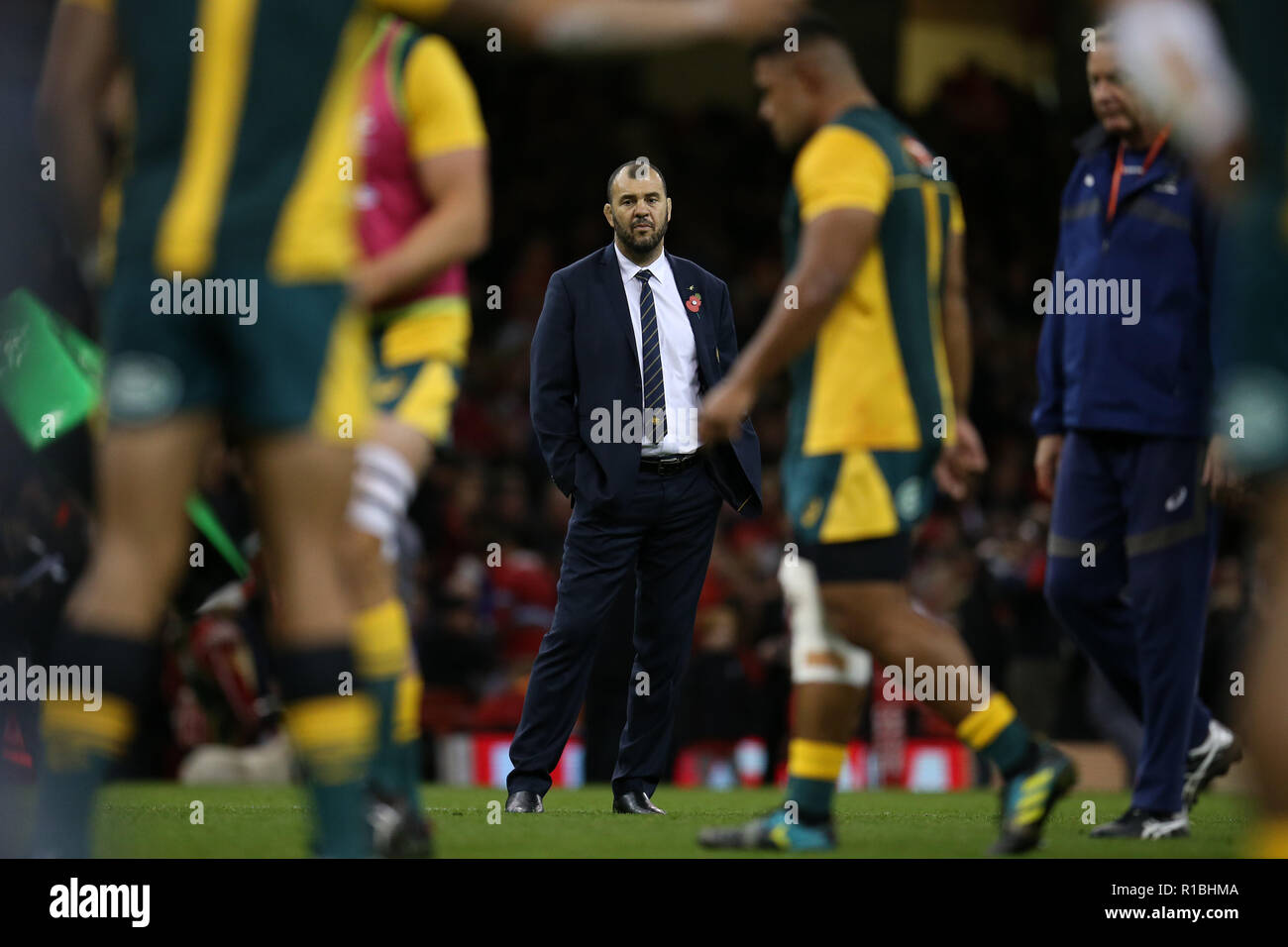 Cardiff, Großbritannien. 10 Nov, 2018. Michael Cheika, Cheftrainer der Australien Rugby Team blickt auf vor der Wales v Australien, unter Rüstung Serie Herbst internationale Rugby Spiel im Fürstentum Stadium in Cardiff, Wales, Großbritannien am Samstag, den 10. November 2018. pic von Andrew Obstgarten/Alamy Leben Nachrichten BITTE BEACHTEN SIE FÜR REDAKTIONELLE VERWENDEN SIE NUR BILD VERFÜGBAR. Stockfoto