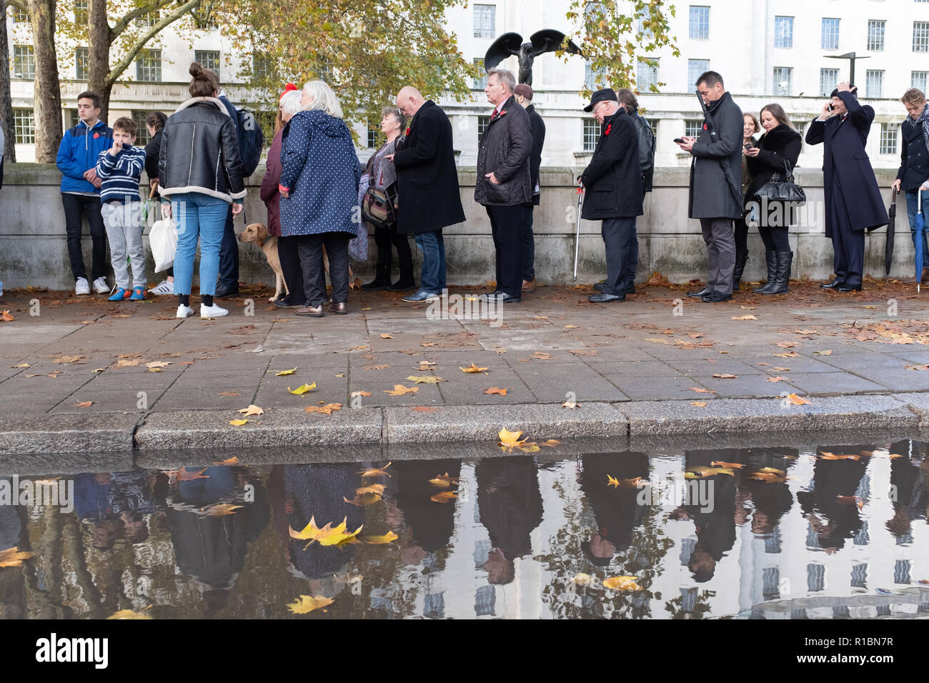 London, Großbritannien, 11. November 2018: lange Warteschlangen von Menschen, die die Teilnahme an der Nationalen Dienst der Erinnerung an das Ehrenmal in London auf das Gedenken Sonntag. Credit: Auf Sicht Fotografische/Alamy leben Nachrichten Stockfoto