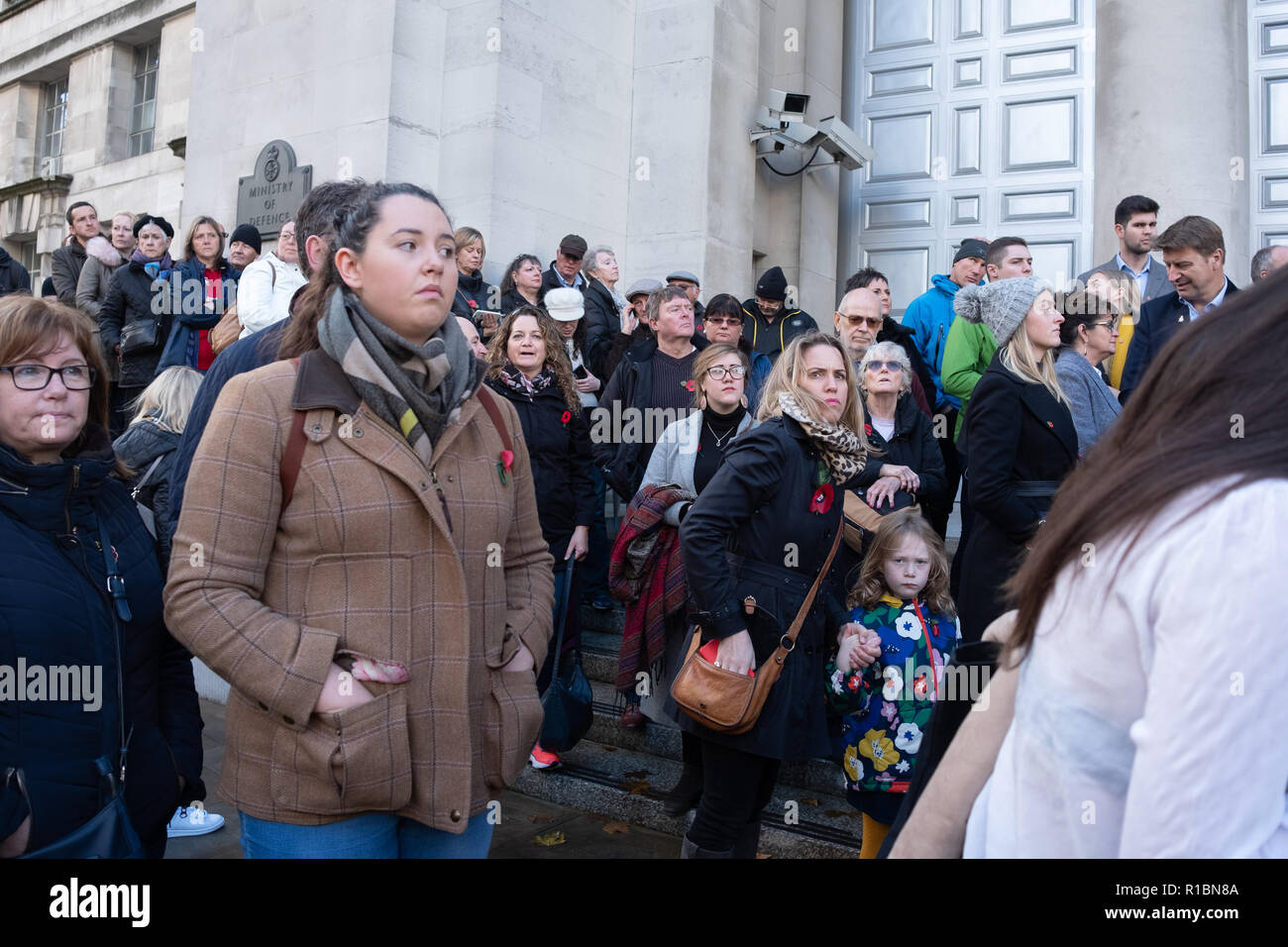 London, Großbritannien, 11. November 2018: lange Warteschlangen von Menschen, die die Teilnahme an der Nationalen Dienst der Erinnerung an das Ehrenmal in London auf das Gedenken Sonntag. Credit: Auf Sicht Fotografische/Alamy leben Nachrichten Stockfoto