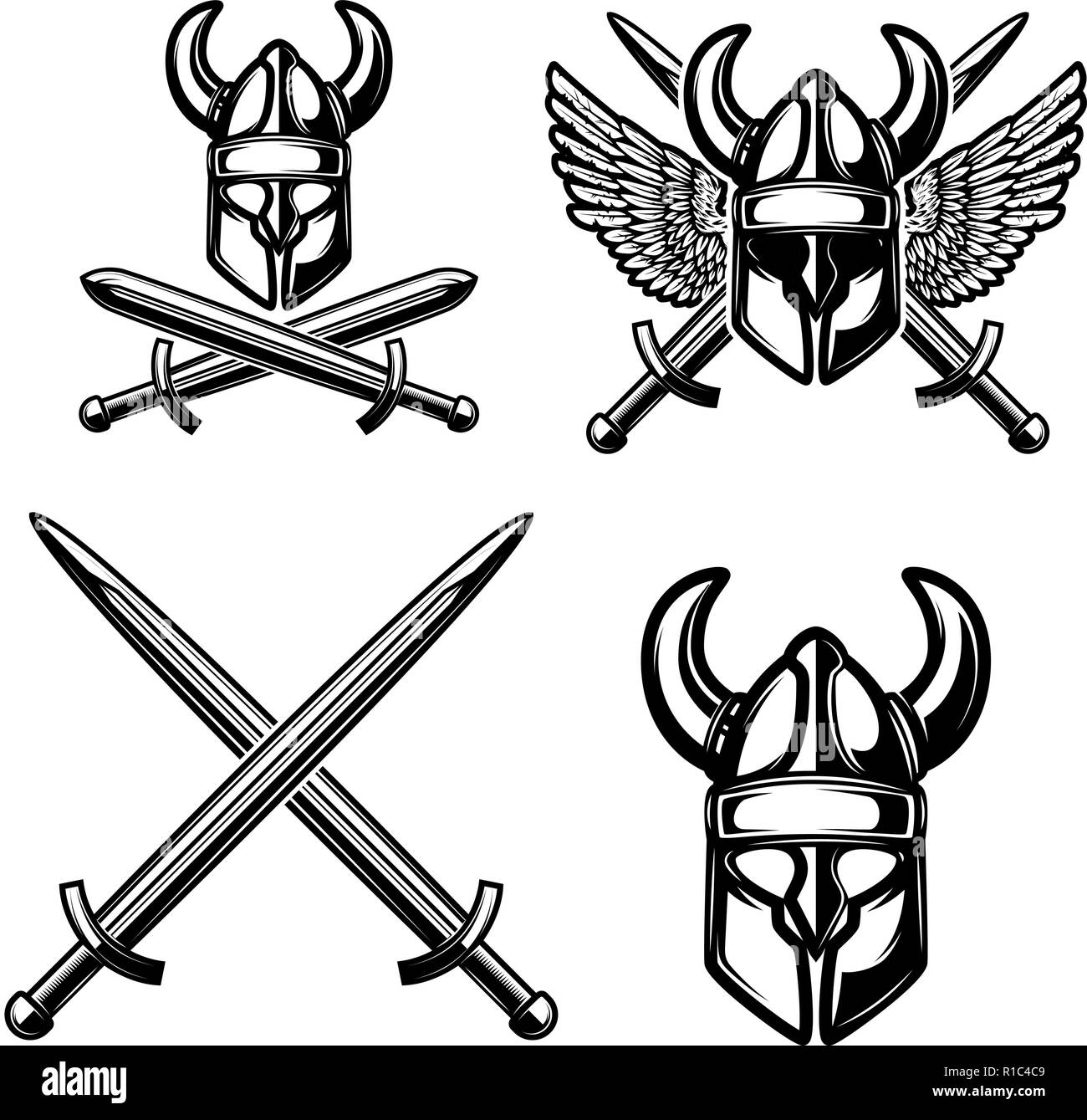 Satz von emblem Vorlage mit Viking Helm, gekreuzten Schwertern. Design Element für Logo, Label, sign. Vector Illustration Stock Vektor
