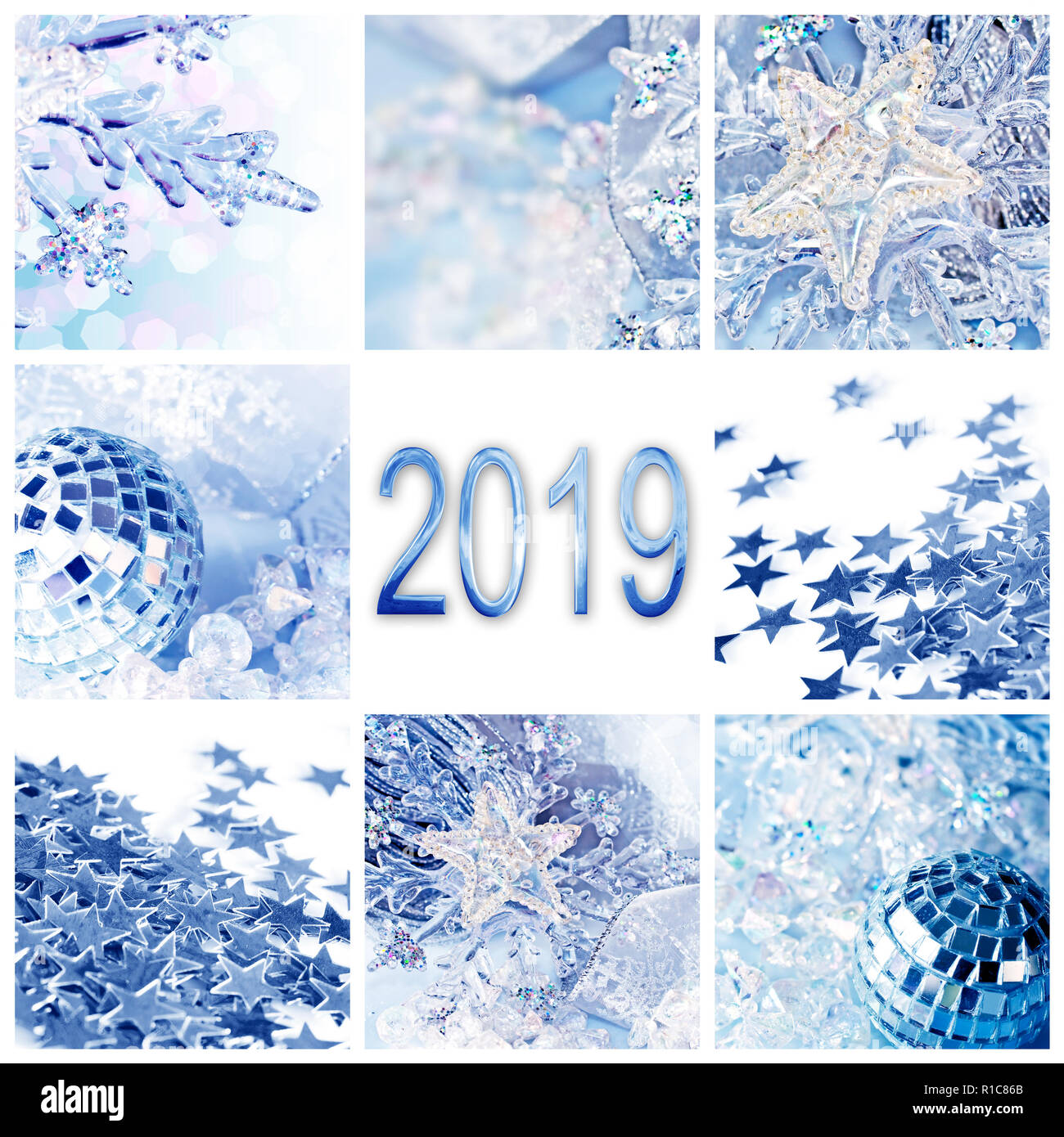 2019, blue christmas Ornament collage square Grußkarte Stockfoto