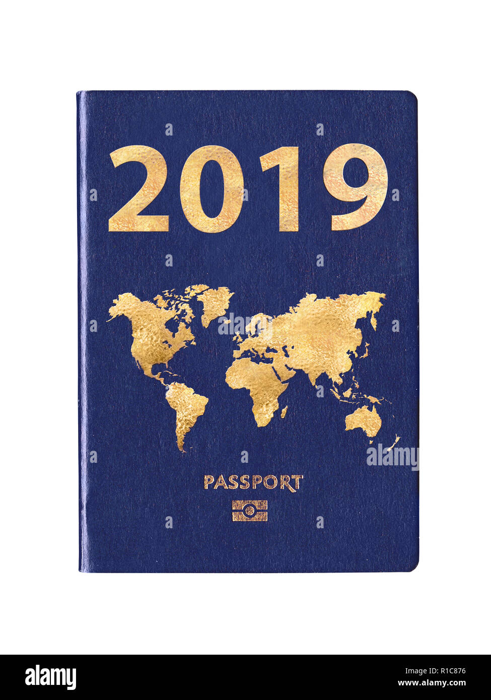 Pass 2019 mit einer Weltkarte auf der Abdeckung, Konzept Stockfoto