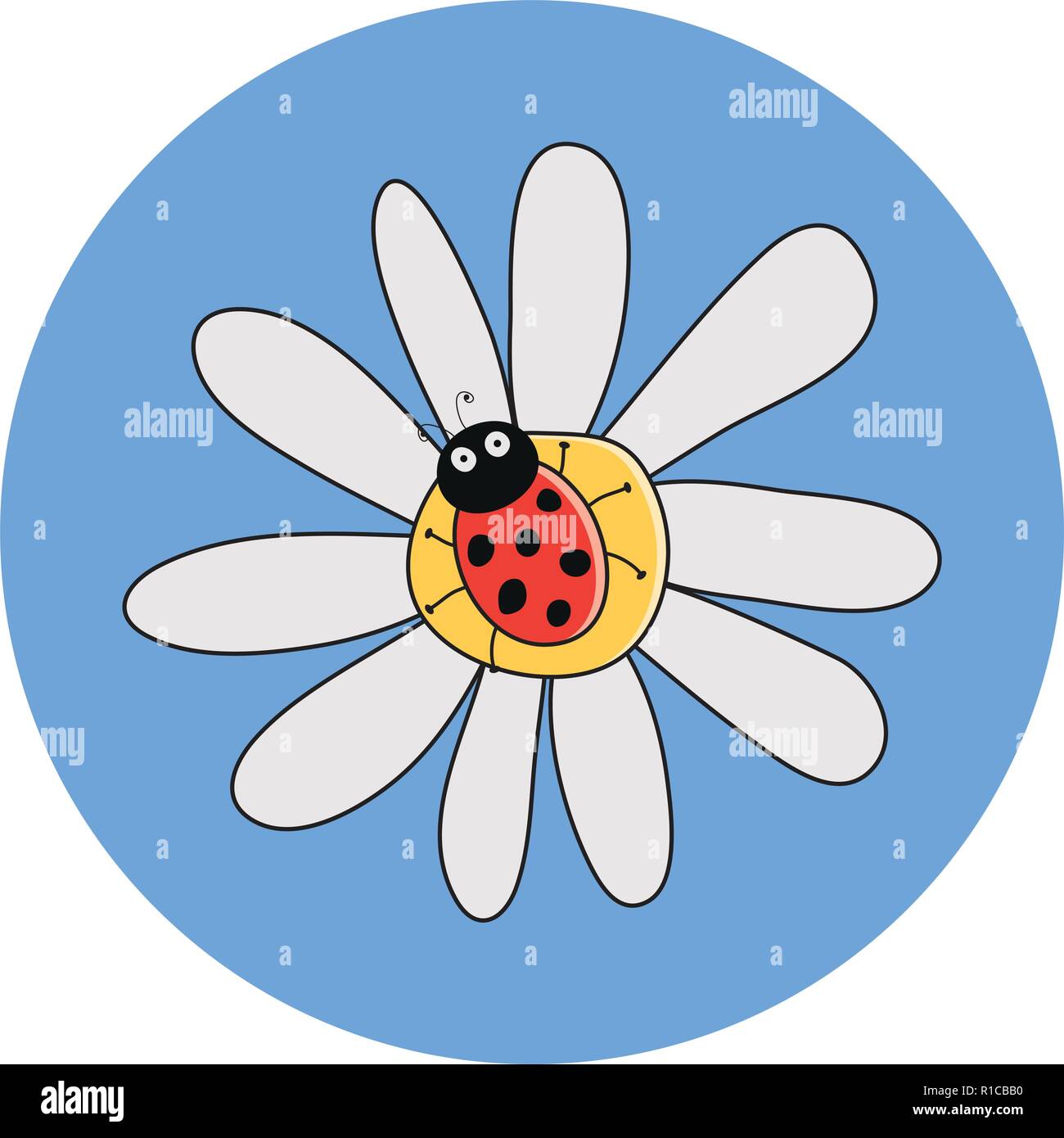 Vektor Zeichnung der rote Marienkäfer auf einem Kamille Blüte. Marienkäfer Cartoon auf daisy flower. hübsch gepunkteten Dame Bug Sommer Abbildung Stock Vektor
