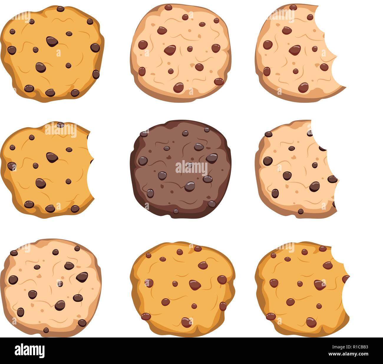Vektor einrichten von Chocolate Chip Cookies auf weißem Hintergrund. Hausgemachte gebissen Keks choc Cookie Stock Vektor