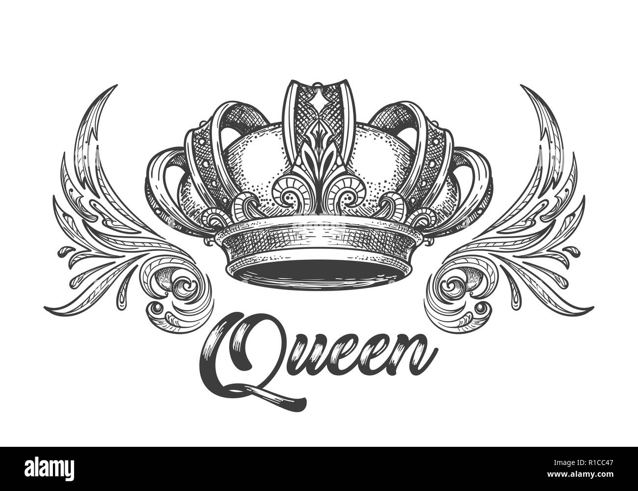 Hand Queen Krone in Vintage Gravur Stil gezeichnet. Vector Illustration. Stock Vektor