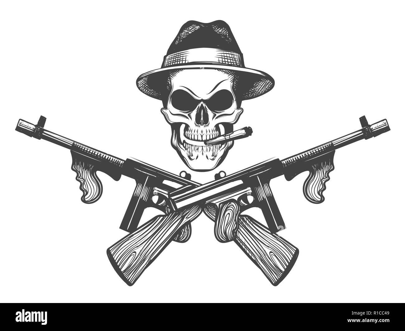 Gangster Schädel tattoo. Death Head mit Zigarre, Hut und Maschinenpistolen. Vector Illustration Stock Vektor