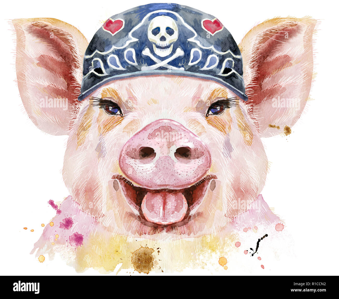 Süße Schweinchen. Schwein für T-shirt Grafiken. Aquarell Pink Pig tragen Biker Bandana Stockfoto