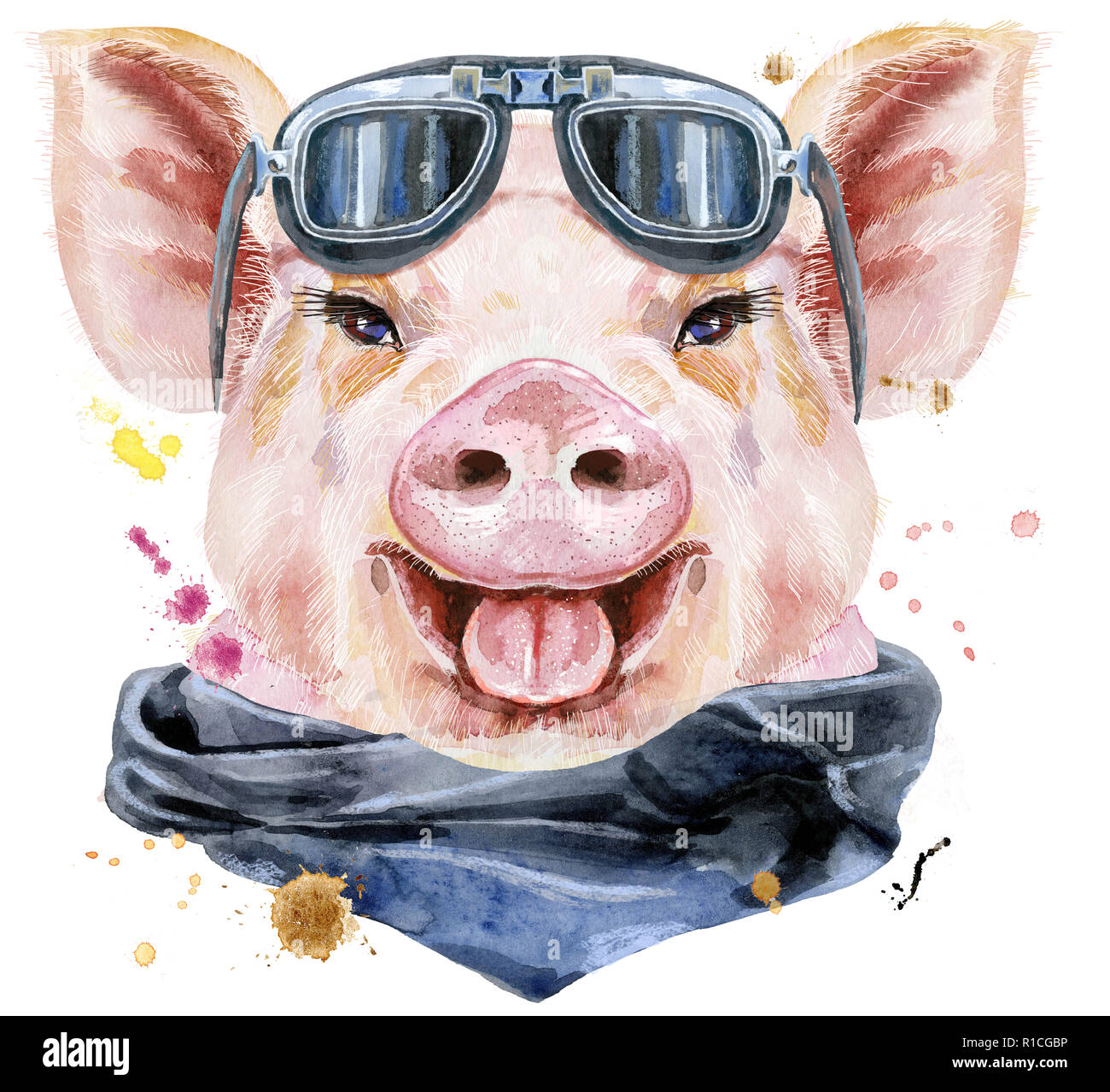 Süße Schweinchen. Schwein für T-shirt Grafiken. Aquarell rosa Schwein mit biker Sonnenbrille Stockfoto