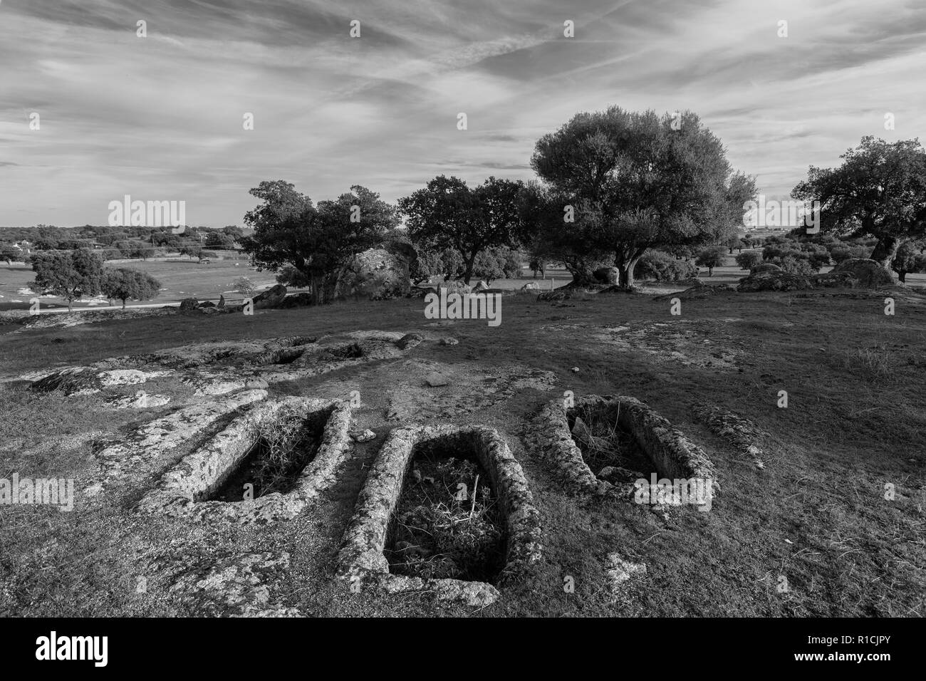 Landschaft in der Weide, die Gräber sind archäologische Überreste des IV Jahrhunderts etwa. Arroyo de la Luz. Spanien. Stockfoto