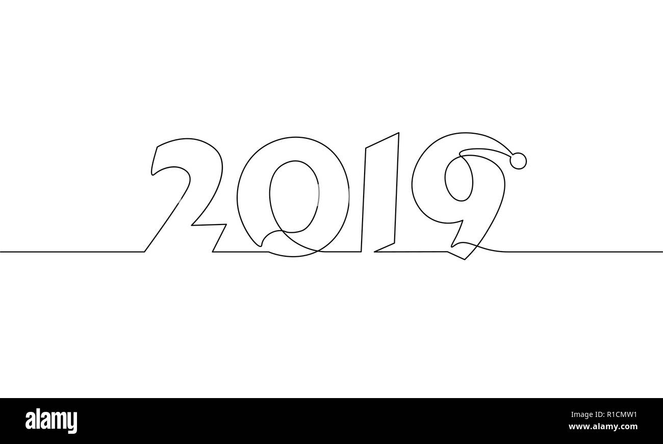 2019 Neues Jahr durchgehenden Line Art. Urlaub Grußkarte Schlagzeile Dekoration Datum zahlen Schriftzug silhouette Konzeption einer Skizze Skizze Zeichnung weiße Vector Illustration Stock Vektor