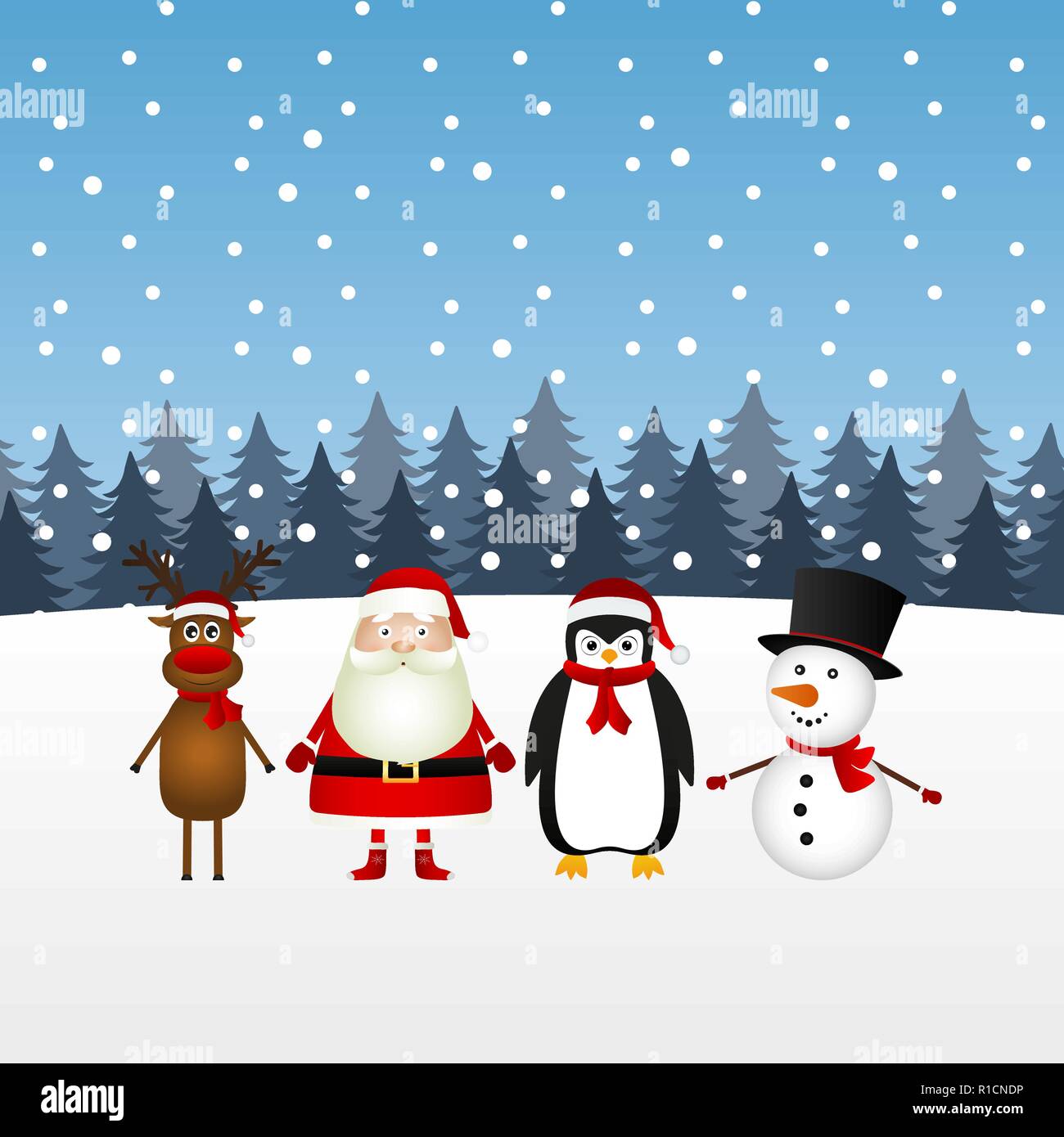 Weihnachtsmann mit Schneemann, Rentiere und Pinguin im Winter für die Stock Vektor
