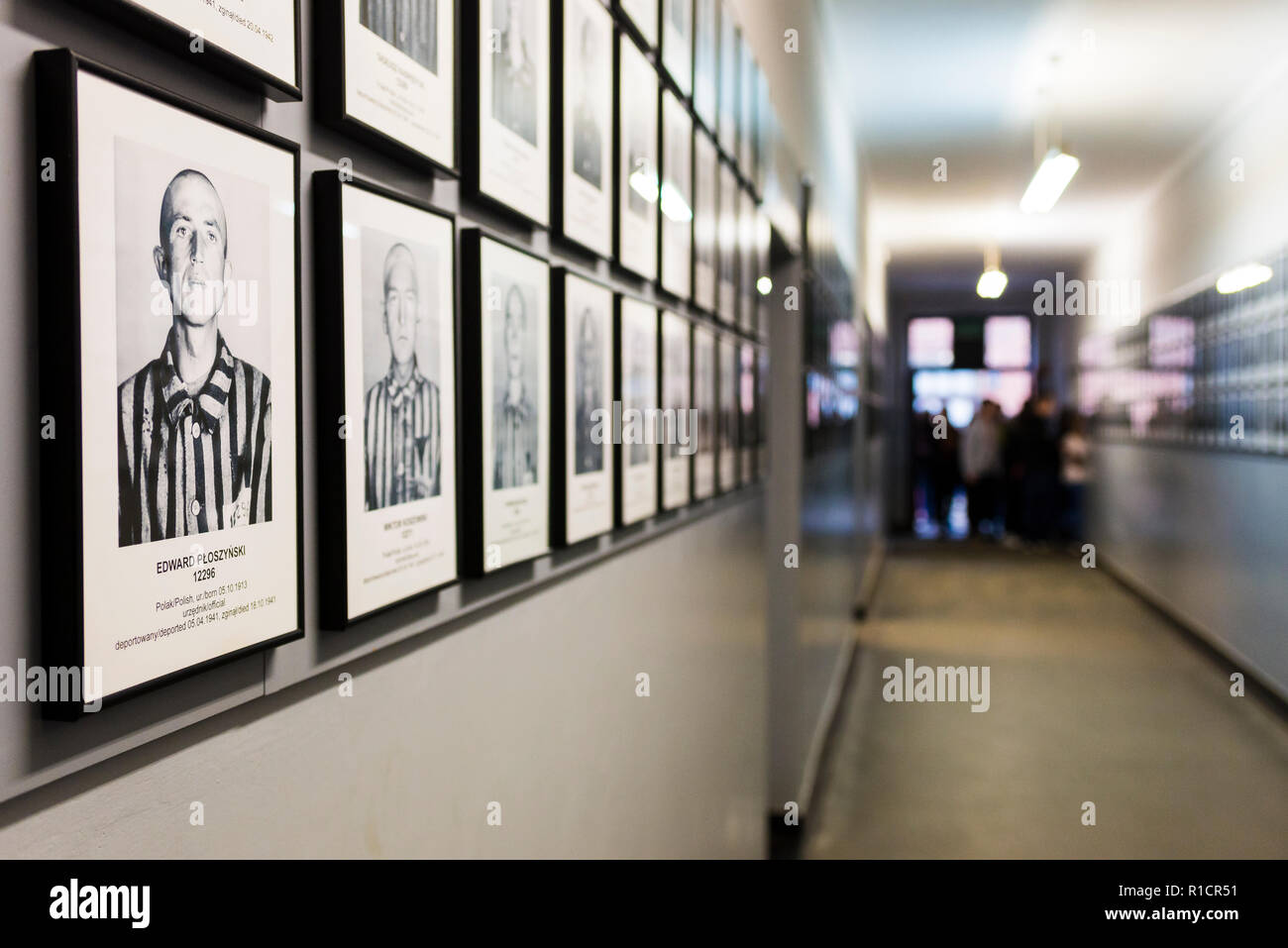 Auschwitz Nazi Konzentrations- und Vernichtungslager. Flur mit Fotografien von Gefangenen. Auschwitz, deutsch besetzten Polen, Europa Stockfoto