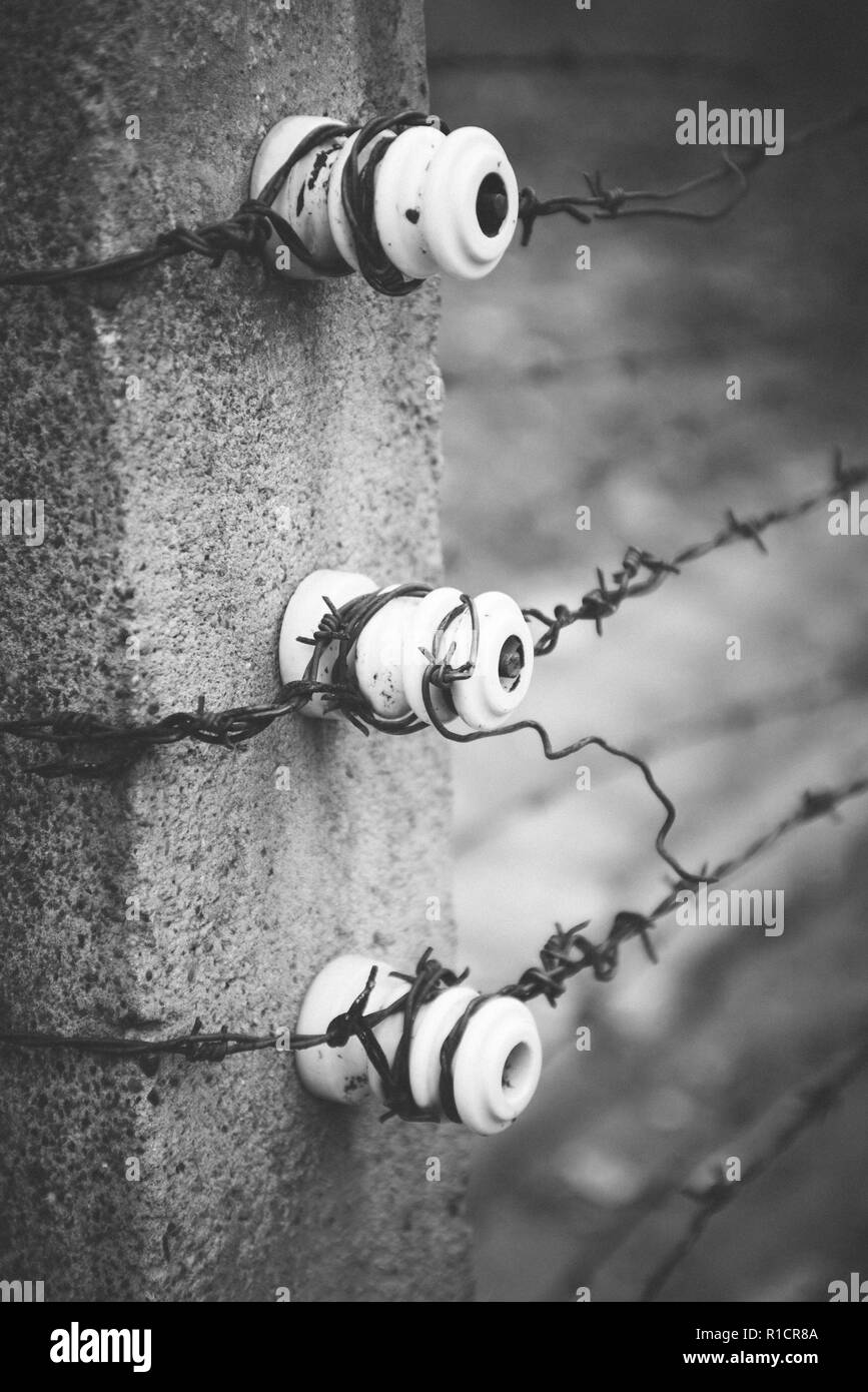Auschwitz Nazi Konzentrations- und Vernichtungslager. Elektrifizierte Zäune. Auschwitz, deutsch besetzten Polen, Europa Stockfoto