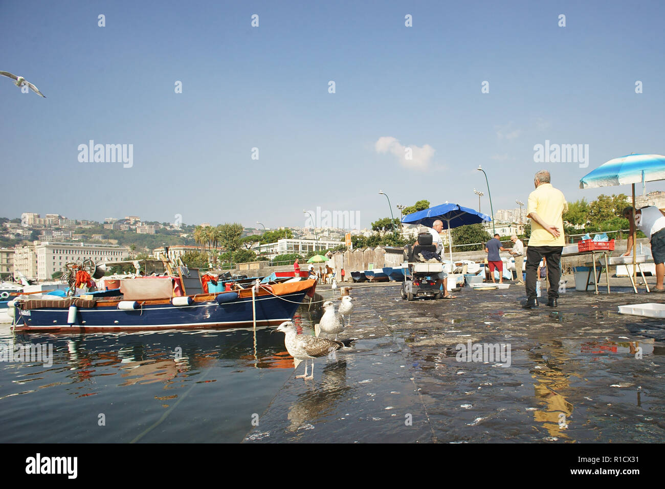 Fischer Verkauf von Fisch, Rotonda Diaz, Stadt Neapel, Golf von Neapel, Italien Stockfoto