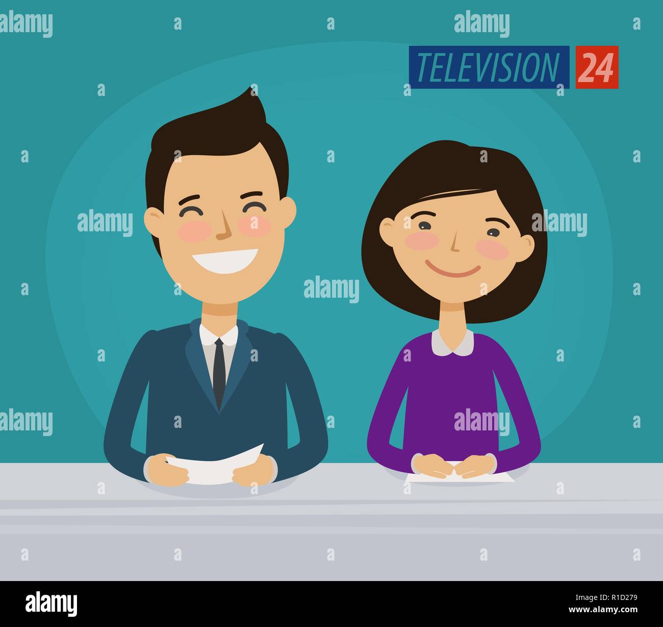 Tv, Fernseher Konzept. News Ansager im Studio. Cartoon Vector Illustration Stock Vektor