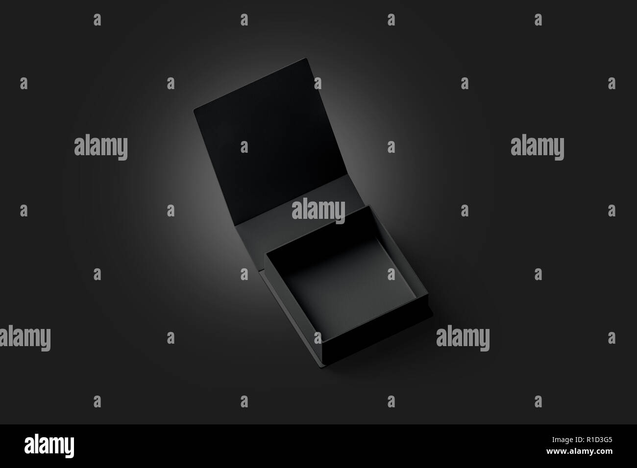 Leeren schwarzen geöffnet Geschenkbox Mockup, in Finsternis isoliert, 3D-Rendering. Leer feier Fall mock up. Geheimnis preis für Ring. Quadratische Paket mit Schale für Luxus vorhanden Vorlage. Stockfoto