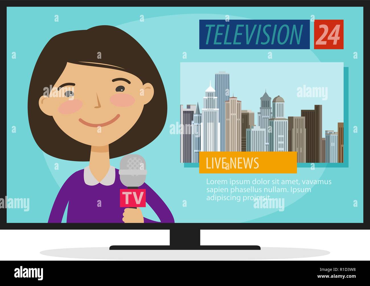 Live-Nachrichten. Junge Frau, Nachrichtensprecher mit Mikrophon in der Hand. TV, Fernseher Konzept. Cartoon Vector Illustration Stock Vektor