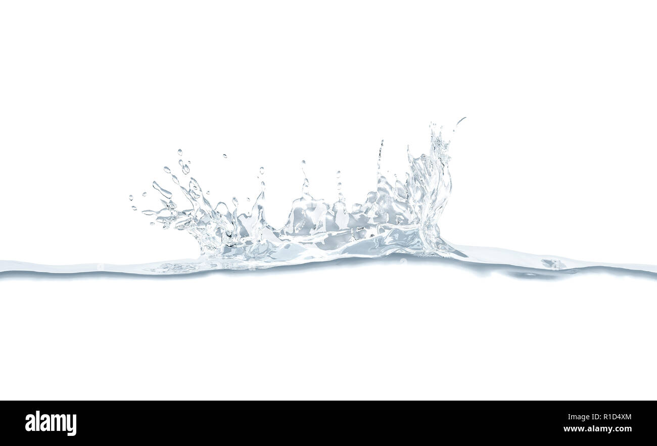 Leere Spritzwasser Krone in motion Mock up, 3D-Rendering. Leere transparente Flüssigkeit im Moment der fallende Wassertropfen mockup. Pure Aqua oder Alkohol Oberfläche. Natur Meer Umwelt Vorlage. Stockfoto