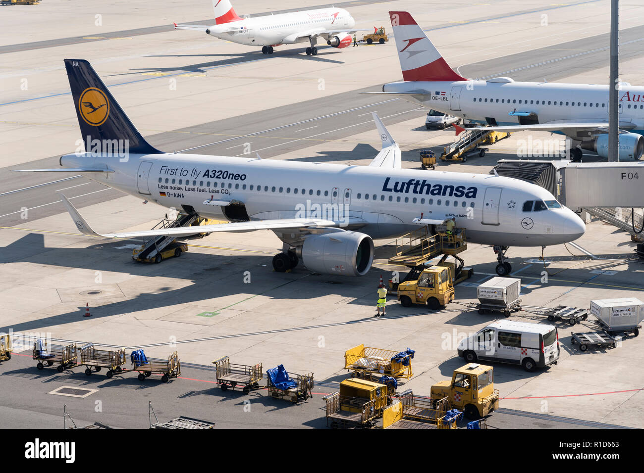 Gepäck auf eine Lufthansa Jet am Flughafen Wien geladen werden  Stockfotografie - Alamy