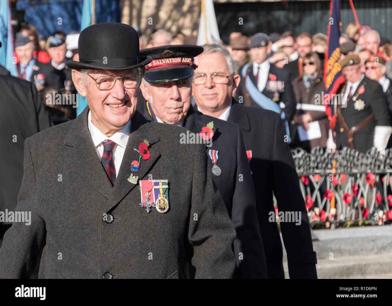 Britischer Veteranen an der Erinnerung Sonntag Parade. Erinnerung der Sonntag ist ein Tag für das Vereinigte Königreich für diejenigen, die ihr Leben geopfert haben die Freiheit des britischen Volkes zu schützen und zu ehren. Stockfoto