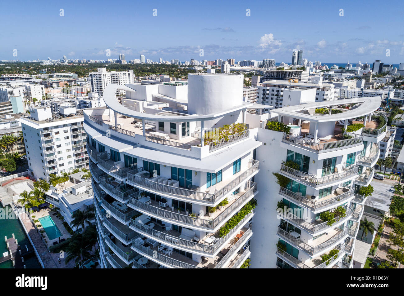 Miami Beach Florida, Capri South Beach, Dachterrasse, Balkone, Luftaufnahme von oben, FL181110d15 Stockfoto