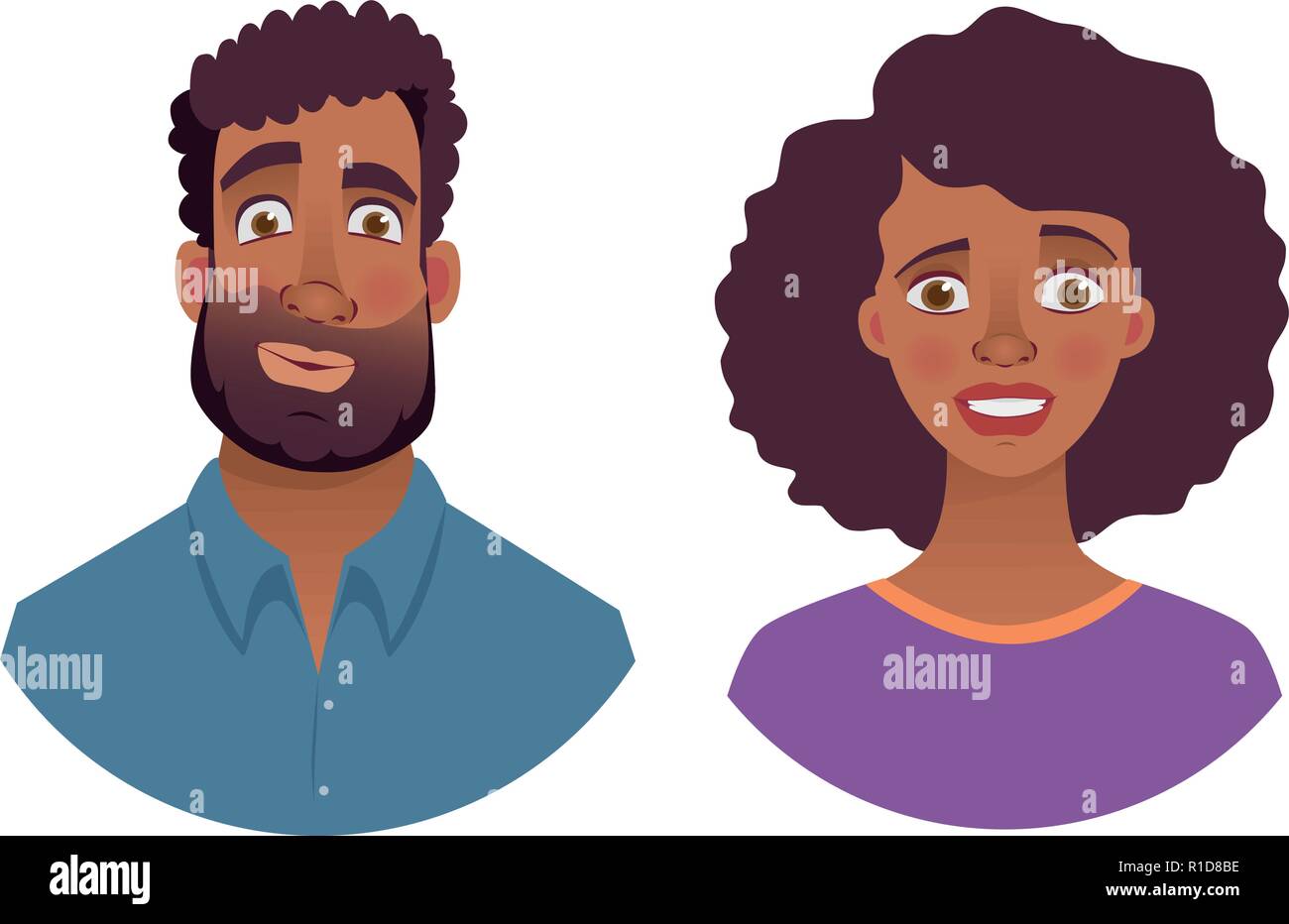 Portrait der afrikanischen Mann und Frau. Gefühle der afrikanischen amerikanischen Frau Gesicht. Mimik Männer Vector Illustration Stock Vektor