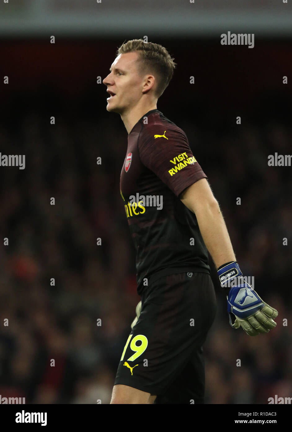 London, Großbritannien. 11. Nov 2018. Bernd Leno (A) im Arsenal v Wolverhampton Wanderers (Wölfe) die Englische Premier League Spiel im Emirates Stadium, London, am 11. November 2018. ** Dieses Bild ist für die redaktionelle Nutzung nur ** Quelle: Paul Marriott/Alamy leben Nachrichten Stockfoto
