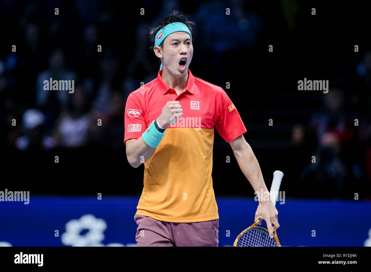 London, Großbritannien. 11 Nov, 2018. Kei Nishikori von Japan während der Männer singles Match des 2018 Nitto ATP-Finale gegen Roger Federer von der Schweiz in der O2 Arena in London, England am 11. November 2018. Quelle: LBA/Alamy leben Nachrichten Stockfoto