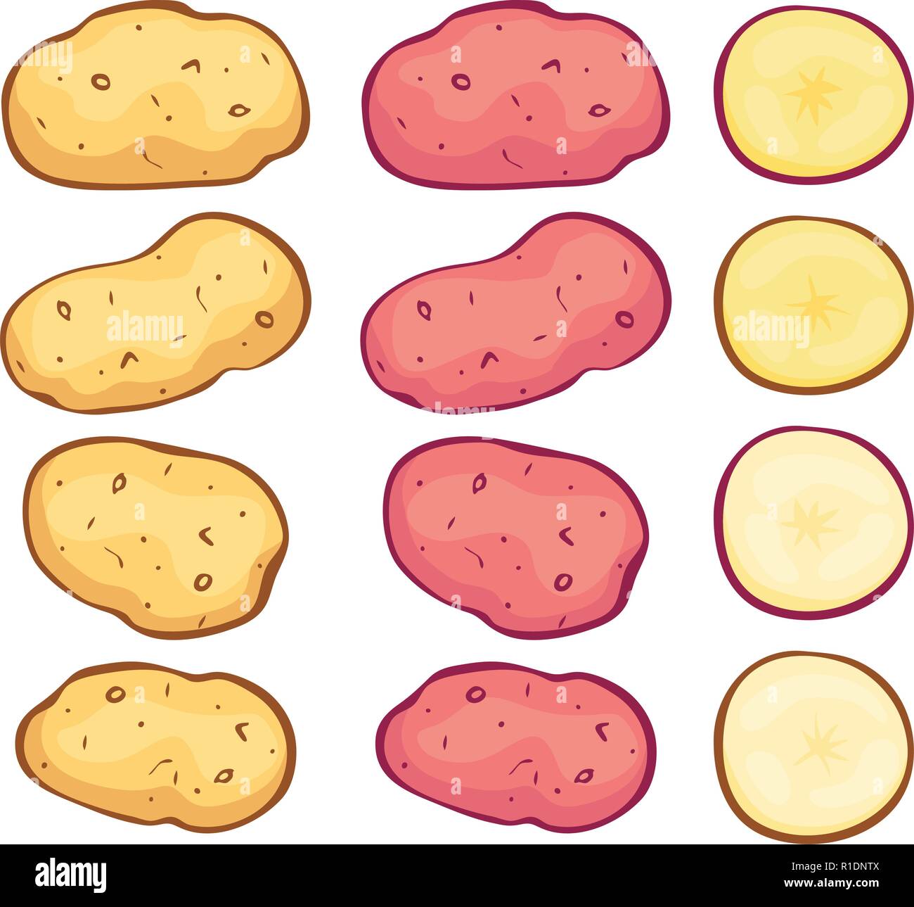 Vektor ganze Kartoffeln Kartoffeln und Schnitte auf weißem Hintergrund. Bio Vegetarische Kost Symbole. rohen ungekochten Kartoffeln von gelb und rosa Farben Stock Vektor