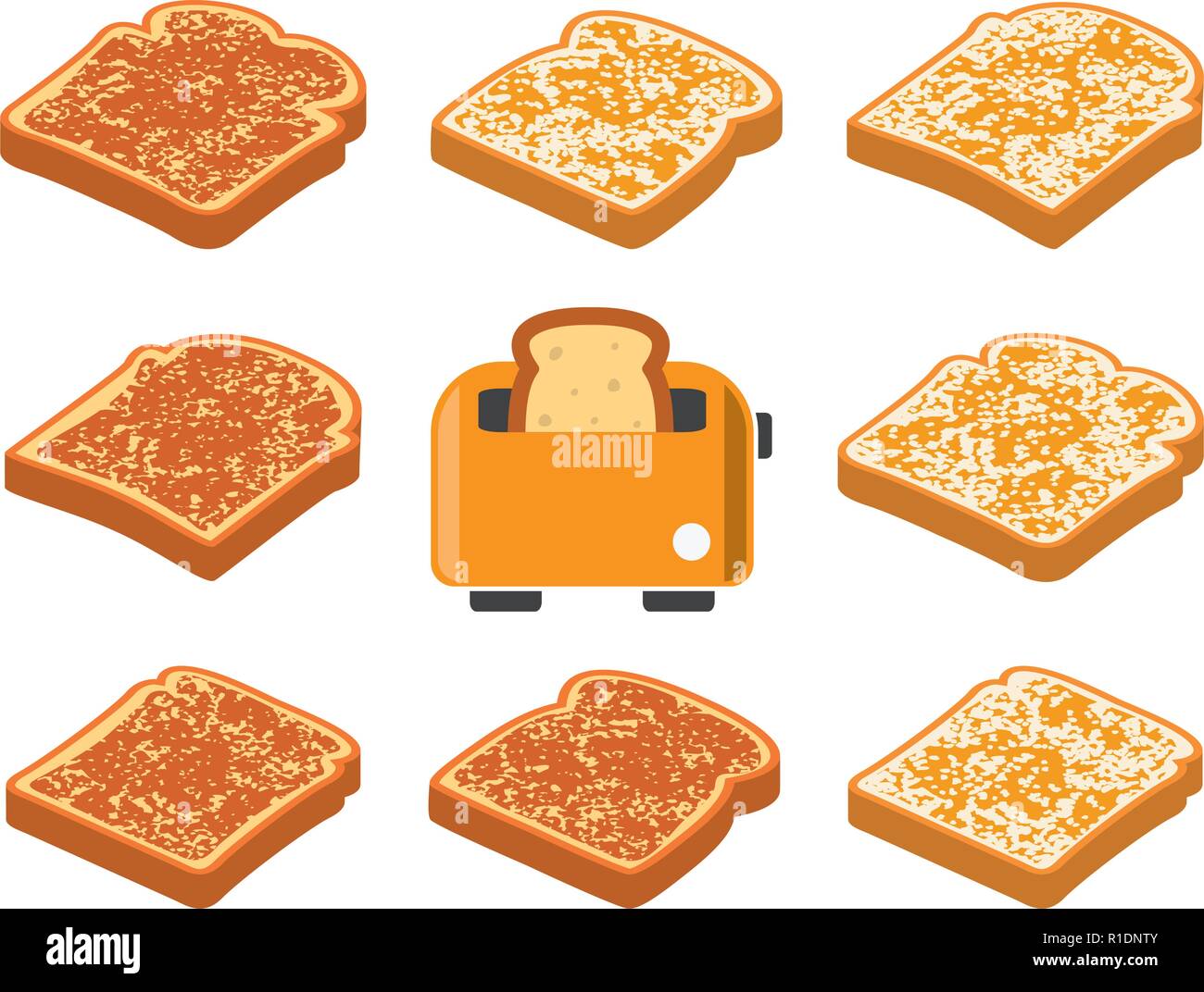 Vektor getoasteten Brotscheiben und Toaster auf weißem Hintergrund. knusprige Frühstück Toast des weißen Brotes, leckeres Essen Symbole. Symbol der Küche Stock Vektor