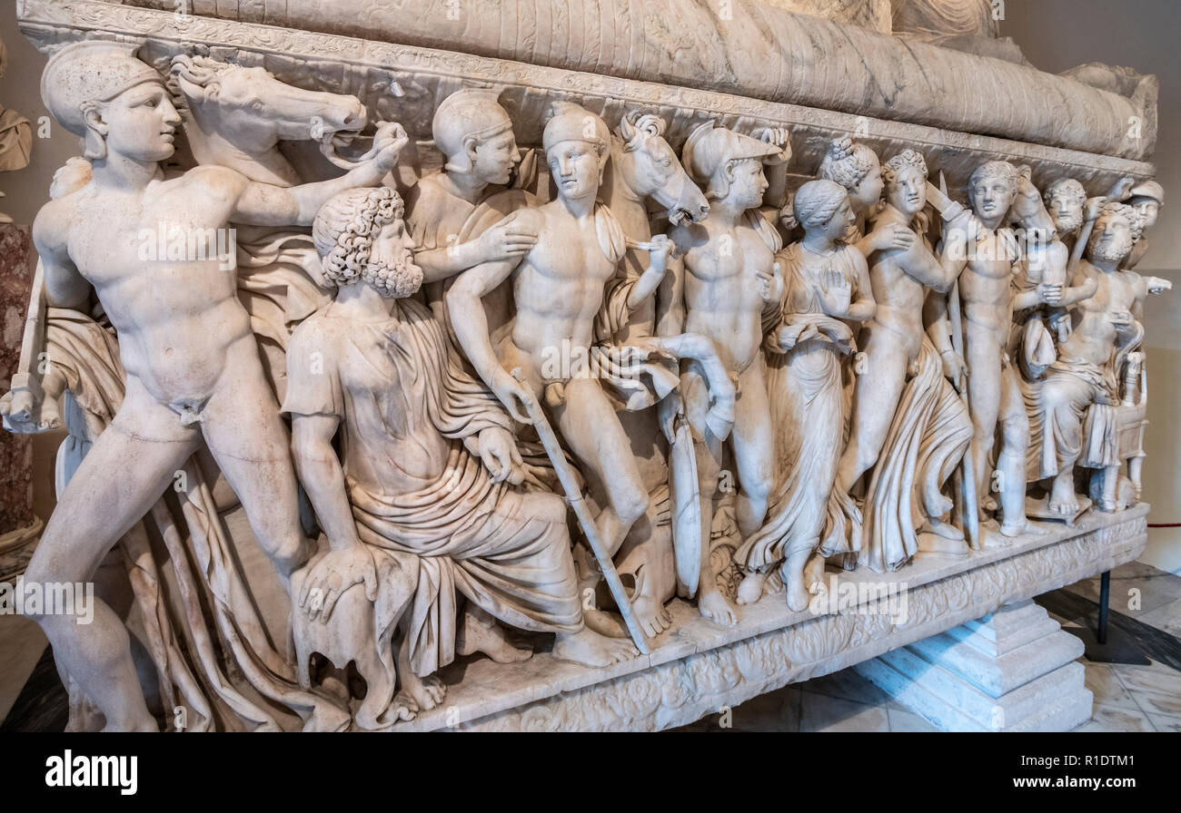 Detail der Reliefs auf eine römische Periode, Marmor Sarkophag aus dem Leben von Achilis, erste Hälfte des 3. nachchristlichen Jahrhundert. Die Kapitolischen Museen. Rom, Stockfoto