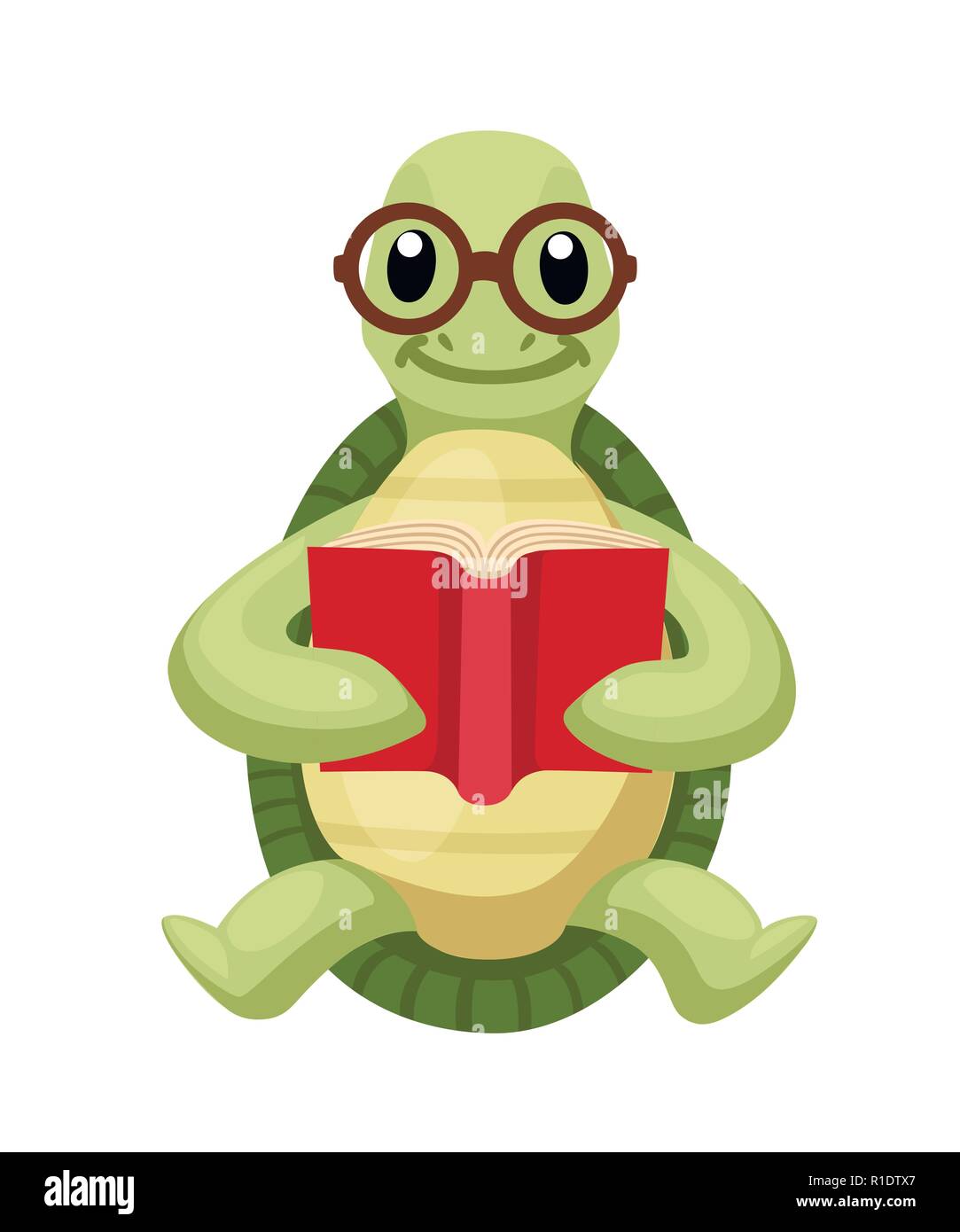 Happy niedliche Schildkröte sitzen und lesen, mit einem Lächeln. Schildkröte  mit Brille. Cartoon Character Design. Flache Vector Illustration auf weißem  Hintergrund Stock-Vektorgrafik - Alamy