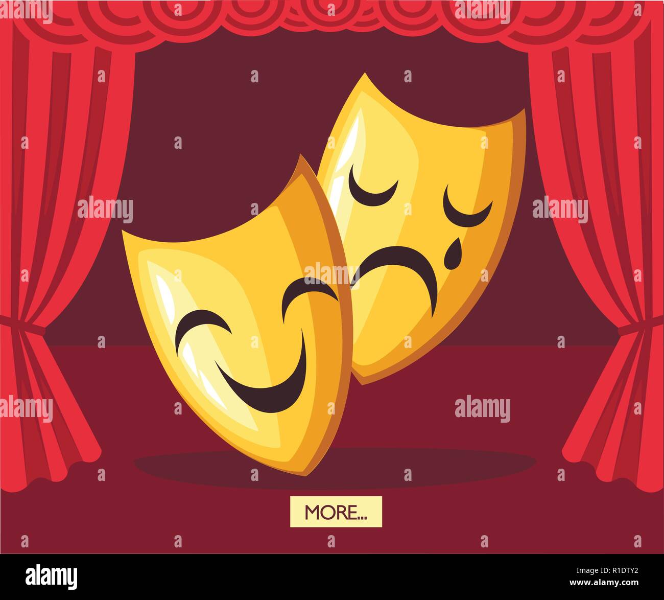 Komödie und Tragödie Theater Masken. Goldene Theater Masken. Die griechische Kultur. Flache Vector Illustration auf der Bühne im Hintergrund. Stock Vektor