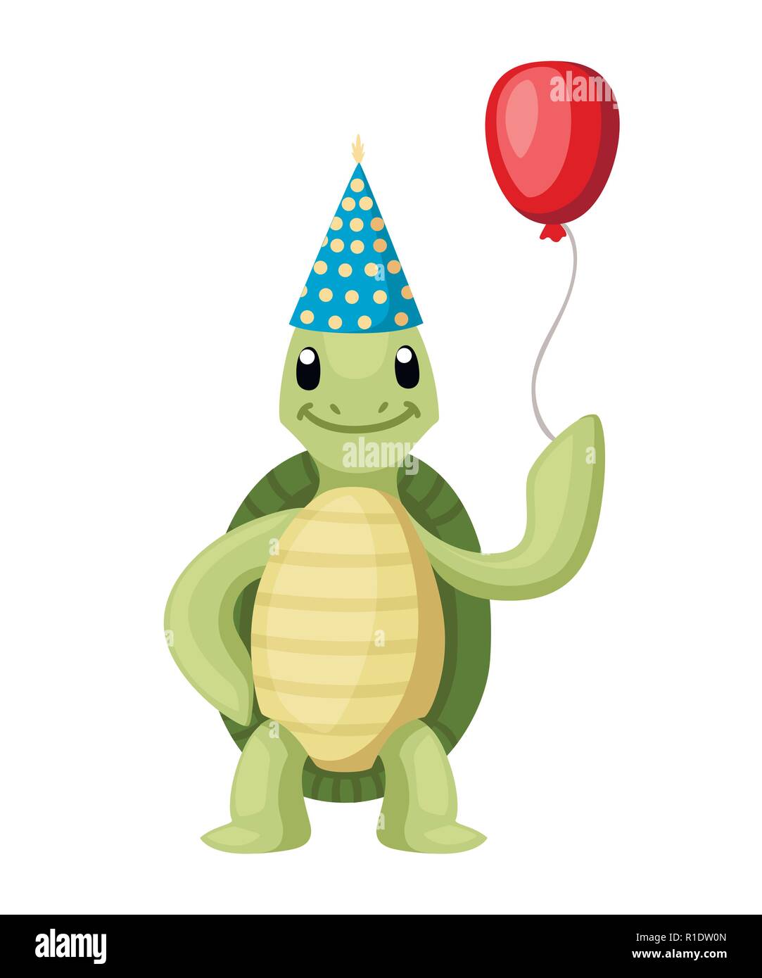 Happy niedliche Schildkröte stand mit Lächeln. Schildkröte halten Red Balloon mit Konus hat. Cartoon Character Design. Flache Vector Illustration auf weißen backgr isoliert Stock Vektor