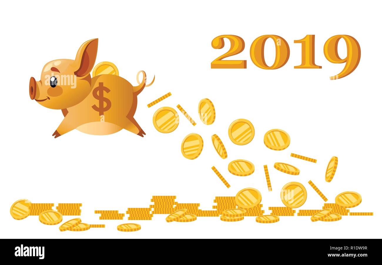 Goldene fliegende Sparschwein drop goldenen Münzen. Geld regnen. Geld sparen Konzept, bank Wirtschaft. Flache Vector Illustration auf weißem Hintergrund. 2019 Jahr. Stock Vektor