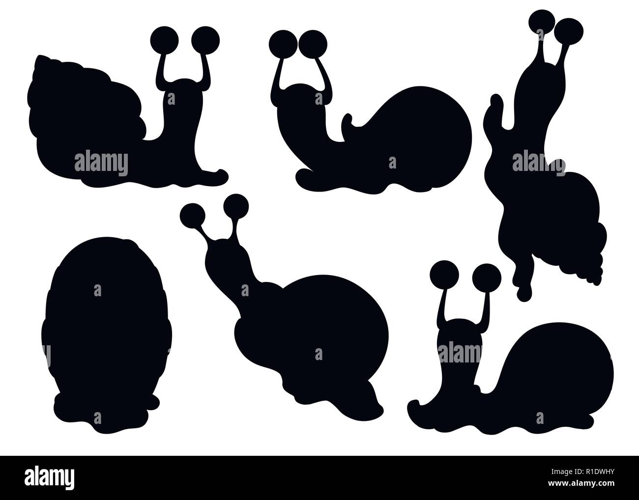 Schwarze Silhouette. Sammlung von verschiedenen Schnecken. Meer und Wald Schnecken. Clam Cartoon Character Design. Flache Vector Illustration auf weißen Bac isoliert Stock Vektor