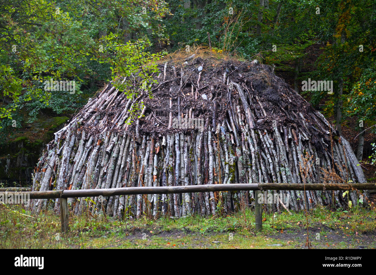 Traditionelle Erde-brennofen für Holzkohle Herstellung, Tejera Negra Naturpark, Provinz Guadalajara, Spanien Stockfoto