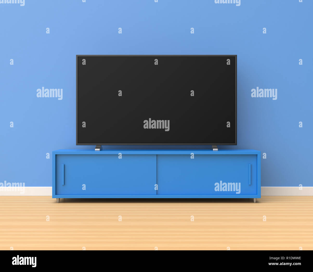 3d-Breitbild-TV auf einem blauen stand mit Schiebetüren in einem Raum mit den blauen Wänden und Holzfußboden. Stockfoto