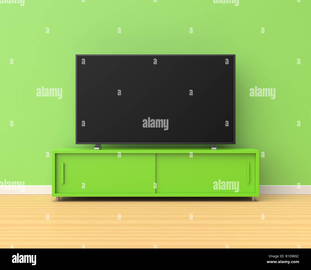 3d-Breitbild-TV auf der Grünen stehen mit Schiebetüren in einem Raum mit grünen Wänden und Holzfußboden. Stockfoto