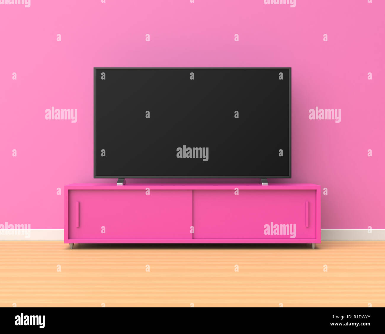 3d-Breitbild-TV auf einem Rosa stand mit Schiebetüren in einem Raum mit rosafarbenen Wänden und Holzfußboden. Stockfoto