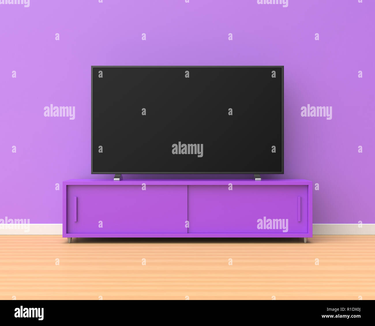 3d-Breitbild-TV auf einem violetten stand mit Schiebetüren in einem Raum mit lila Wänden und Holzfußboden. Stockfoto