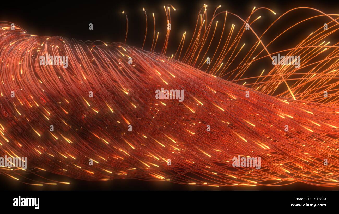 Glühende LWL-Zeichenfolgen in Dunkel. 3D-Darstellung Stockfoto