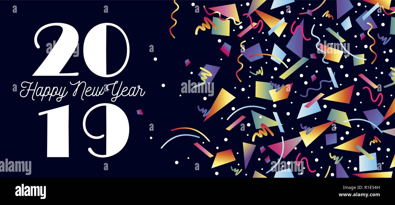 Frohes Neues Jahr 2019 social media Cover Design mit Party Konfetti, Memphis style retro Dekoration und Beschriftung. Stock Vektor