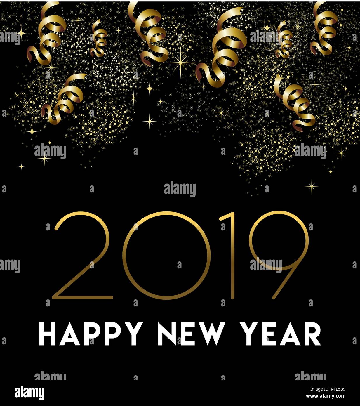 Frohes Neues Jahr 2019 Grußkarten-Design mit gold Konfetti und Party Feier Dekoration. Stock Vektor