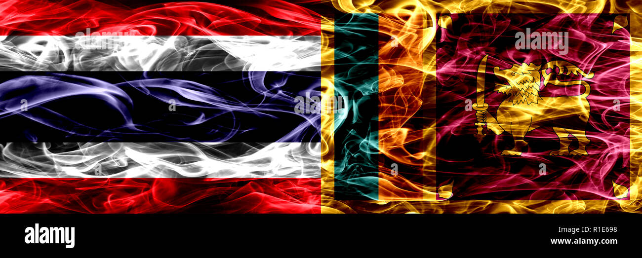 Thailand vs Sri Lanka, Sri Lanka rauch Flaggen nebeneinander. Dicke abstrakte Farbige seidig Rauch Flags Stockfoto