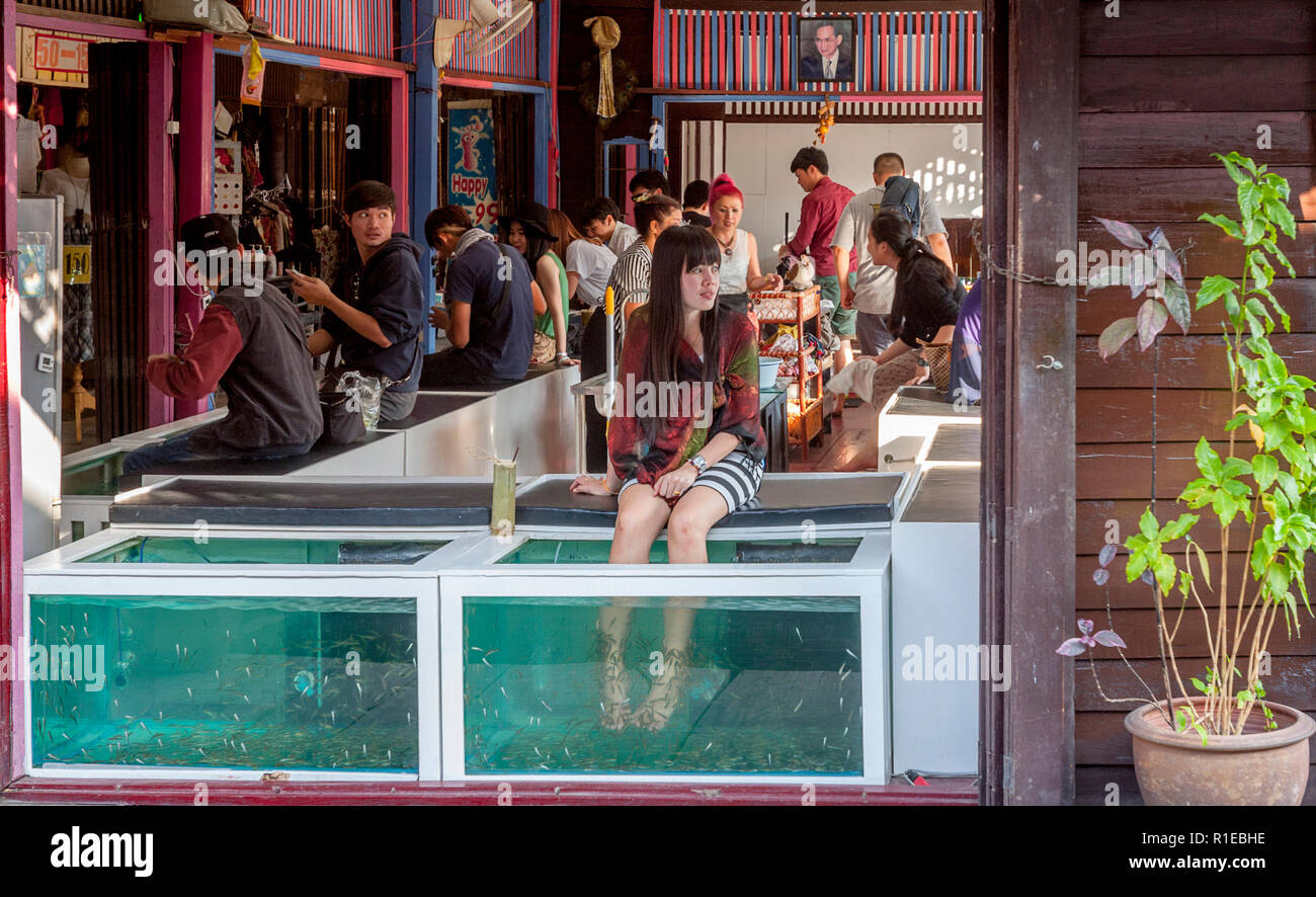 Ein Mädchen sitzt immer ein Fuß bein Fisch Massage in einem schwimmenden Markt in Thailand. editorial Feb/14/21015, schwimmenden Markt, Thailand Stockfoto