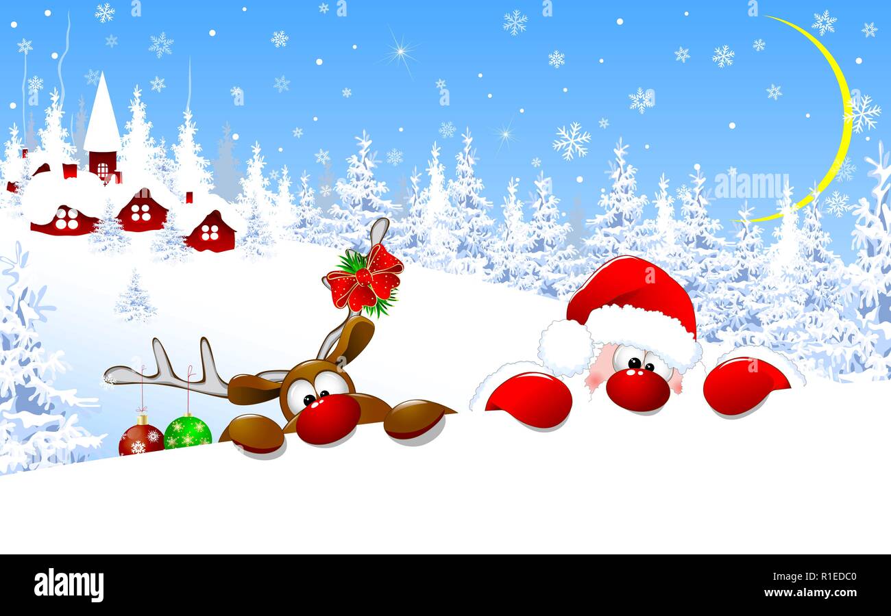 Santa und Rotwild auf Weihnachten. Santa und ein Reh im Hintergrund einer verschneiten Dorf. Santa und ein Hirsch mit roten Nasen in einer Winternacht ag Stock Vektor