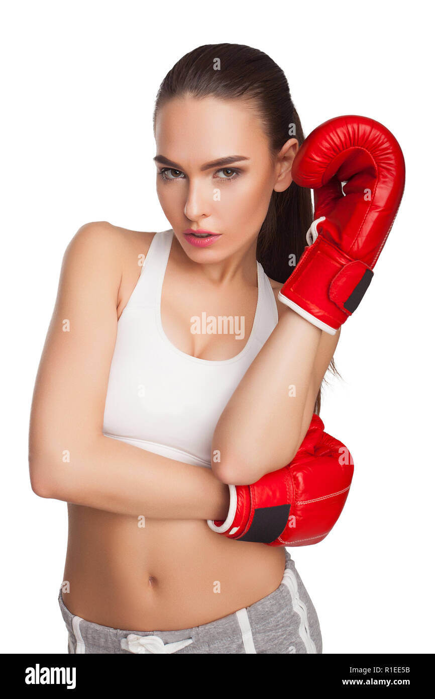 Frau mit Boxhandschuhen Stockfoto