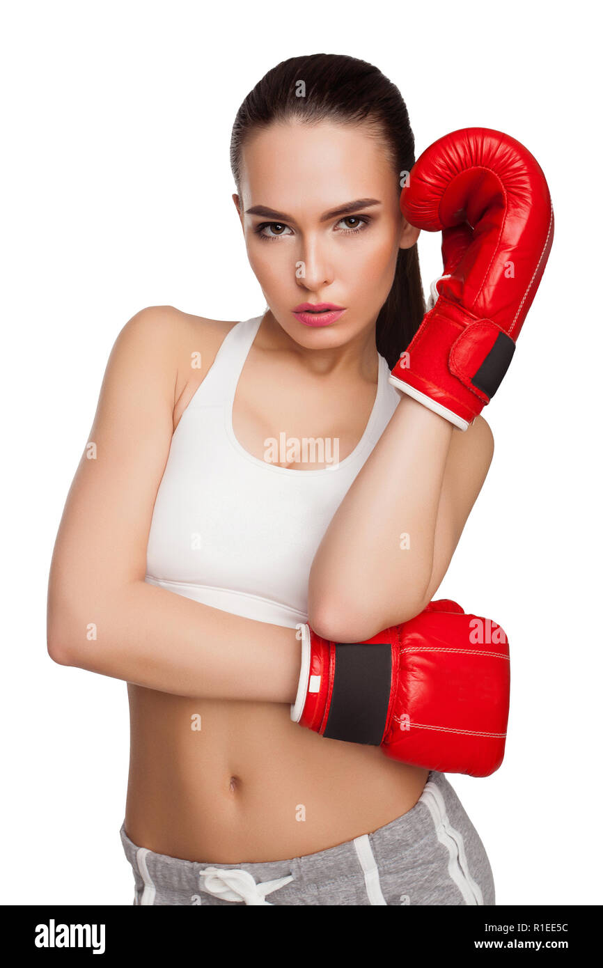 Frau mit Boxhandschuhen Stockfoto